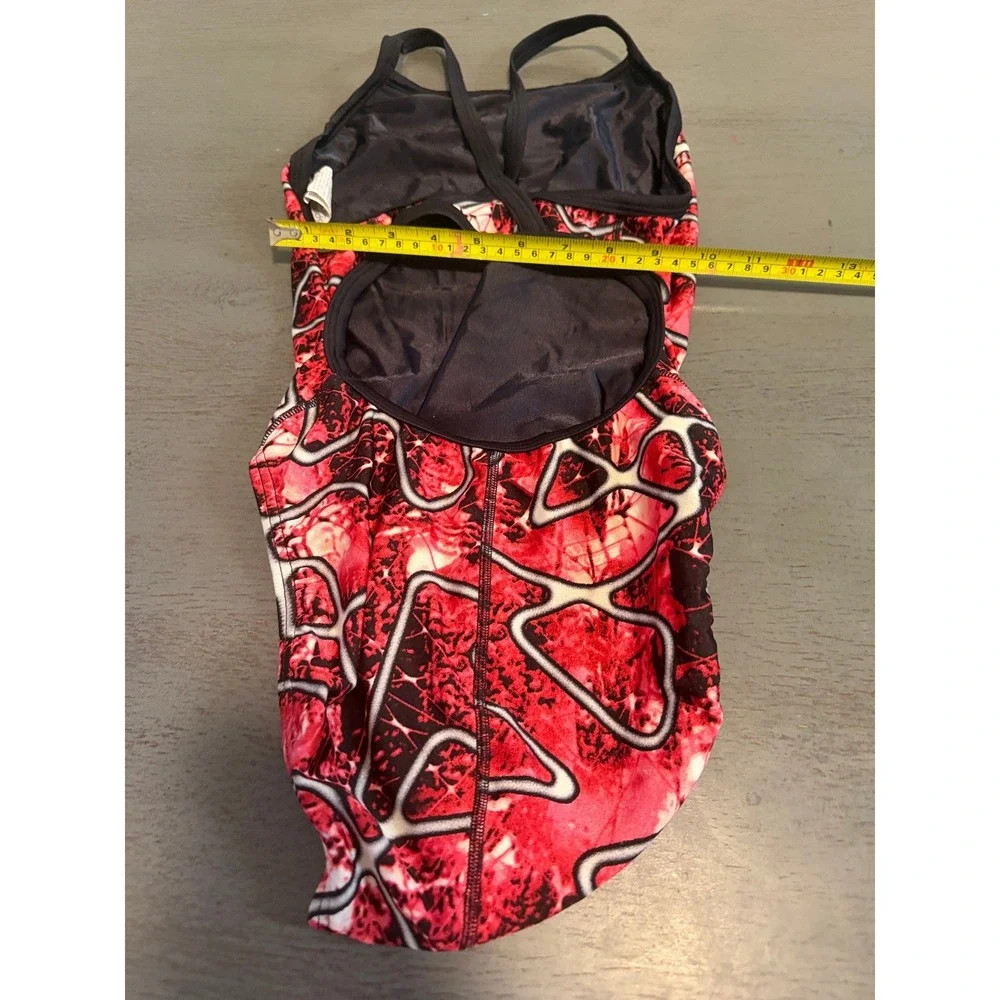 Speedo Womens Red Black Abstract Geometric Cross Back One Piece Swimsuit Size 30